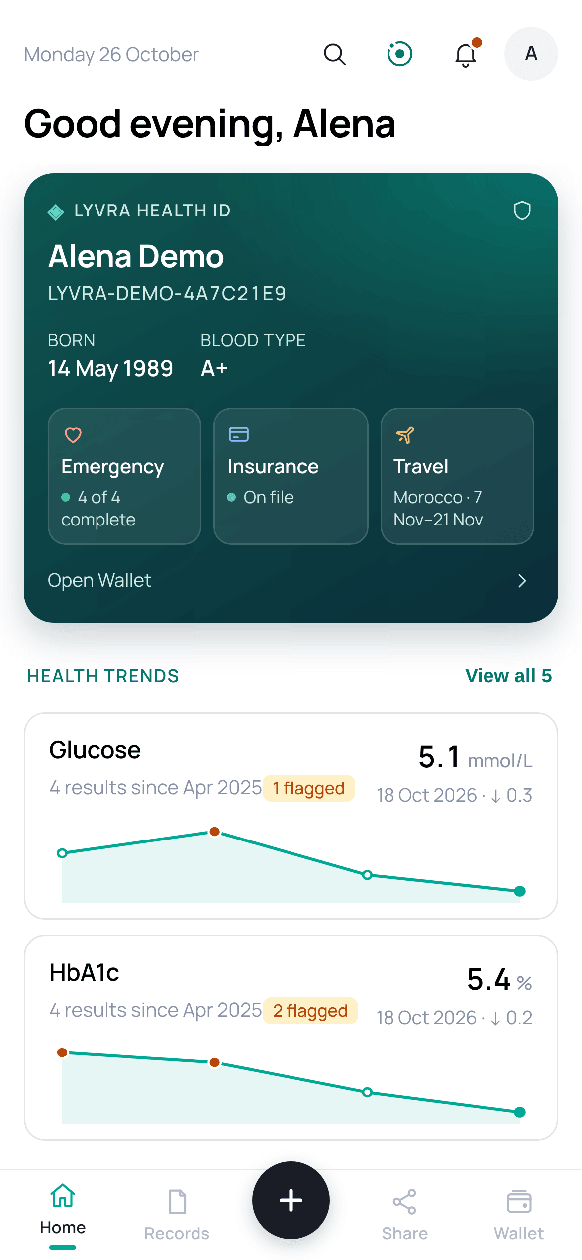 Lyvra Patient app home with the Lyvra Health ID. Synthetic demo data.