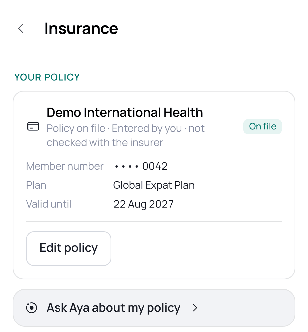 Patient app insurance screen. Synthetic demo data.