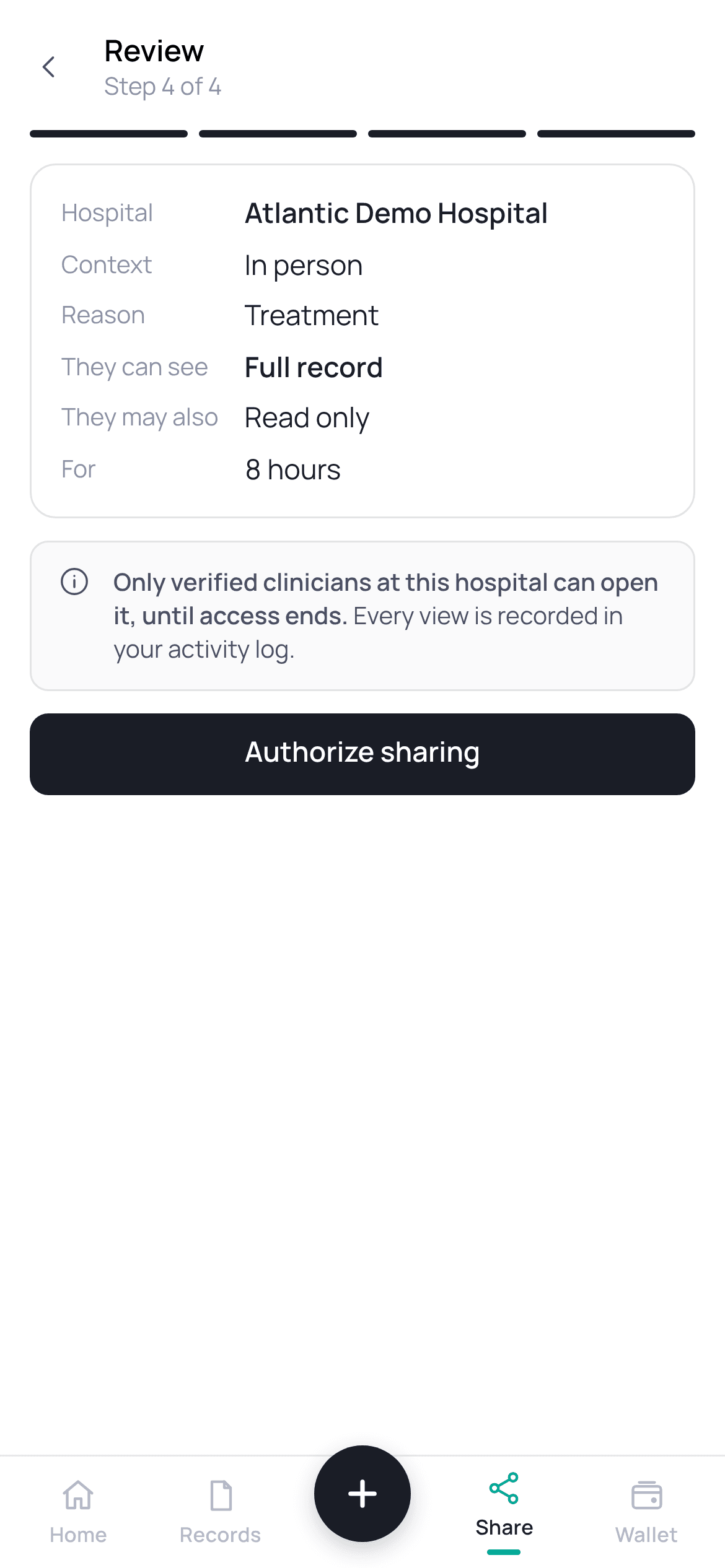 Patient app share review: hospital, reason, scope and duration. Synthetic demo data.