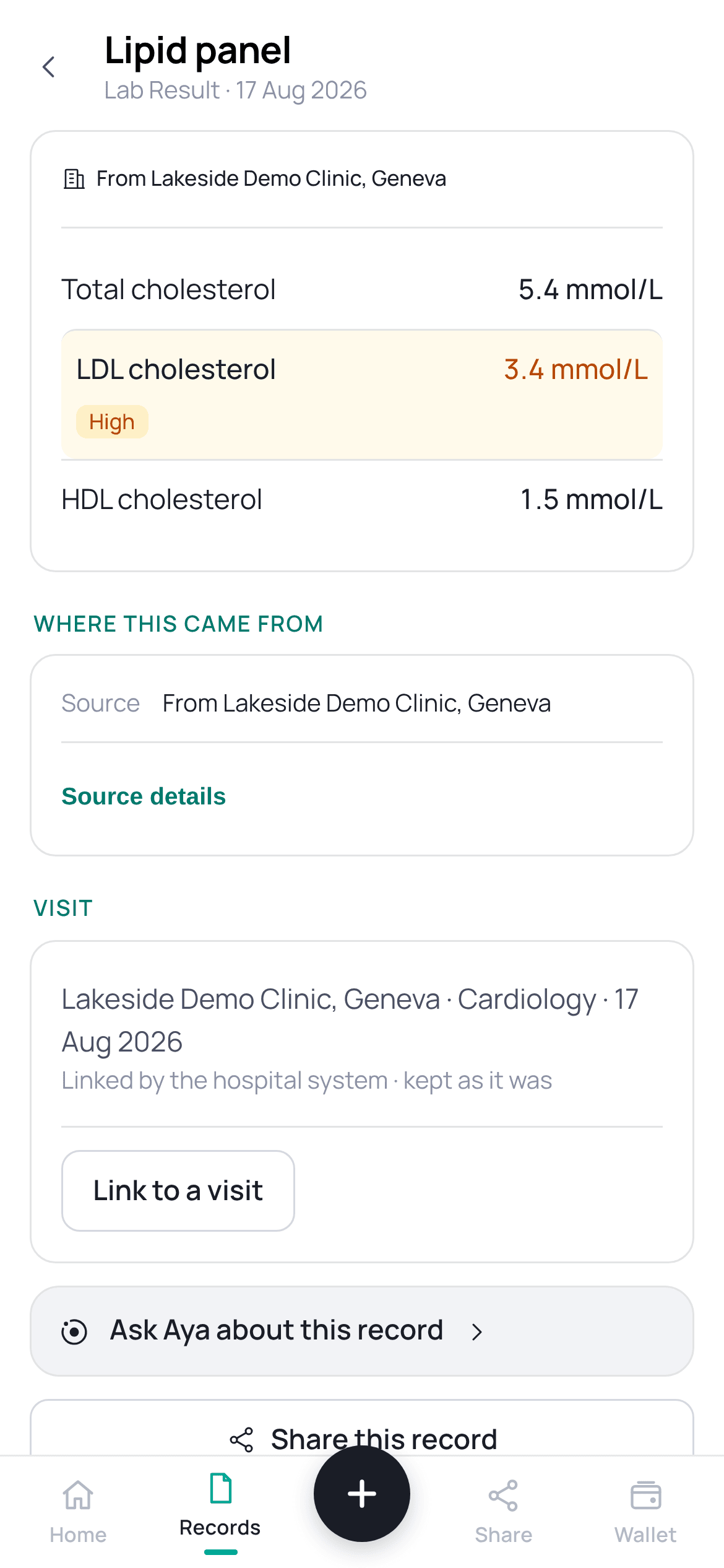 A lipid panel showing its source clinic and visit. Synthetic demo data.